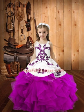 Fancy Fuchsia Ball Gowns Straps Sleeveless Organza Floor Length Lace Up Embroidery and Ruffles Child Pageant Dress