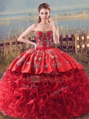 Coral Red Sleeveless Embroidery and Ruffles Lace Up Sweet 16 Dresses