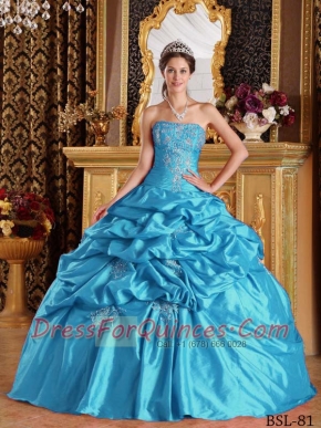 Elegant Aqua Blue Ball Gown Strapless Floor-length Pick-ups Taffeta Quinceanera Dress