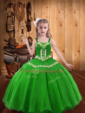 Green Ball Gowns Embroidery Kids Pageant Dress Lace Up Organza Sleeveless Floor Length