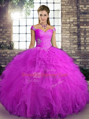 High End Fuchsia Lace Up Sweet 16 Dress Beading and Ruffles Sleeveless Floor Length