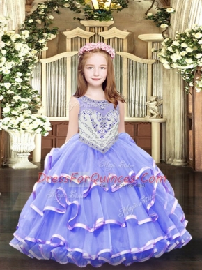 New Style Lavender Ball Gowns Organza Scoop Sleeveless Beading and Ruffled Layers Floor Length Zipper Girls Pageant Dresses