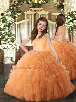 Orange Ball Gowns Ruffles Girls Pageant Dresses Lace Up Tulle Sleeveless Floor Length