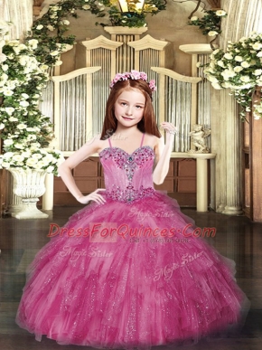 Spaghetti Straps Sleeveless Little Girls Pageant Gowns Floor Length Beading and Ruffles Hot Pink Tulle