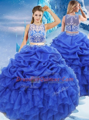 Unique Royal Blue Two Pieces Organza Scoop Sleeveless Beading and Ruffles and Pick Ups Floor Length Zipper Quinceanera Gowns