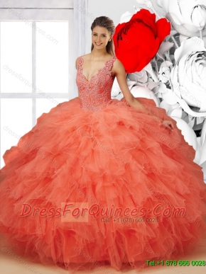 Pretty 2015 Summer V Neck Beaded Quinceanera Dresses in Orange Red
