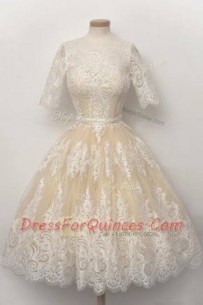 Best Selling Scalloped Half Sleeves Zipper Knee Length Lace and Belt Prom Dresses