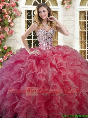 Beautiful Coral Red Big Puffy Quinceanera Dress with Ruffles and Beading