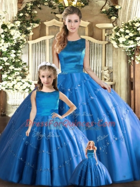Edgy Blue Lace Up Sweet 16 Quinceanera Dress Appliques Sleeveless Floor Length