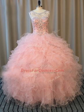 Beautiful Beading and Ruffles 15th Birthday Dress Pink Lace Up Sleeveless Floor Length