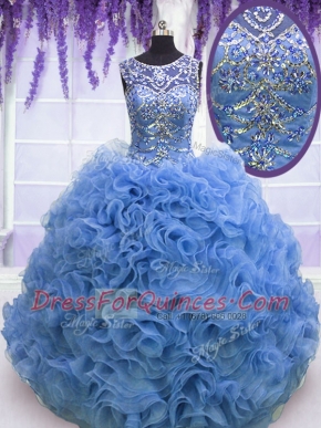 Eye-catching Scoop Beading and Ruffles Quinceanera Gown Baby Blue Lace Up Sleeveless Floor Length