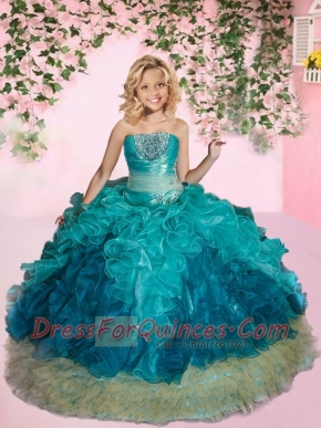 New Arrival Strapless Turquoise Little Girl Pageant Dress with Beading and Ruffles