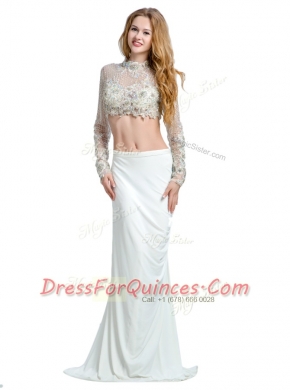 Long Sleeves With Train Beading and Lace and Appliques Backless Evening Dress with White Brush Train