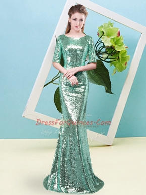Graceful Sequined Scoop Half Sleeves Zipper Sequins Evening Dress in Turquoise