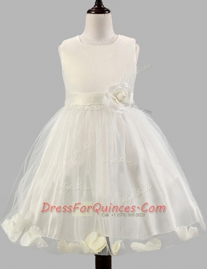 Charming White A-line Tulle Scoop Sleeveless Appliques and Bowknot and Hand Made Flower Floor Length Zipper Flower Girl Dresses for Less