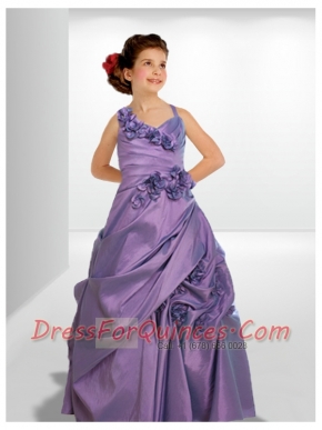 Asymmetrical A-Line Floor-length Flower Girl Dress with Hand Made Flowers
