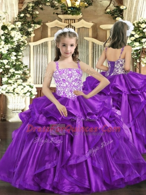 Eggplant Purple Ball Gowns Straps Sleeveless Organza Floor Length Lace Up Beading and Ruffles Little Girls Pageant Dress Wholesale