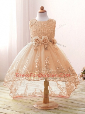 Traditional Champagne Tulle Zipper Scoop Sleeveless High Low Flower Girl Dresses for Less Lace and Bowknot and Hand Made Flower