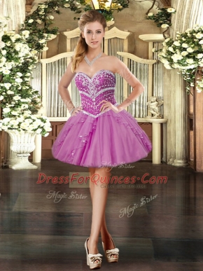 Exquisite Lavender Sleeveless Beading and Ruffles Mini Length Evening Dress