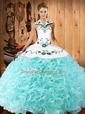 Sleeveless Floor Length Embroidery Lace Up Vestidos de Quinceanera with Aqua Blue