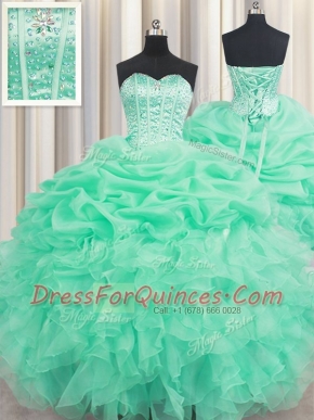 Sexy Apple Green Ball Gowns Beading and Ruffles and Pick Ups 15 Quinceanera Dress Lace Up Organza Sleeveless Floor Length
