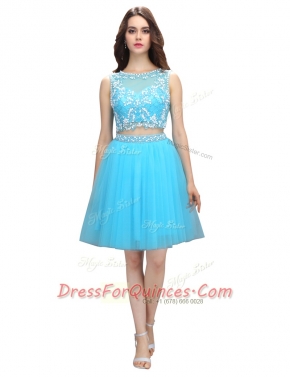 Scoop Baby Blue Tulle Backless Prom Gown Sleeveless Knee Length Appliques