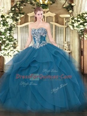 Vintage Strapless Sleeveless Lace Up Quince Ball Gowns Teal Tulle