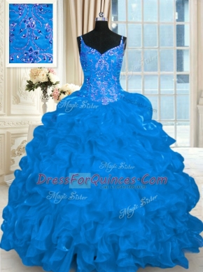Sumptuous Pick Ups Brush Train Ball Gowns Sweet 16 Dresses Blue Spaghetti Straps Organza Sleeveless Lace Up