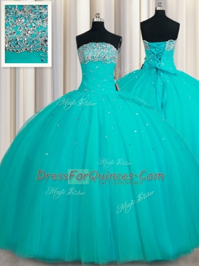 Inexpensive Sequins Ball Gowns Quinceanera Dresses Aqua Blue Strapless Tulle Sleeveless Floor Length Lace Up