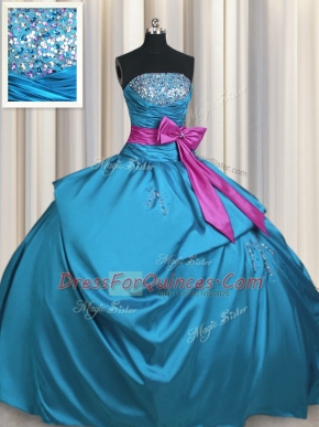 Floor Length Lace Up Ball Gown Prom Dress Teal for Military Ball and Sweet 16 and Quinceanera with Beading and Ruching and Bowknot