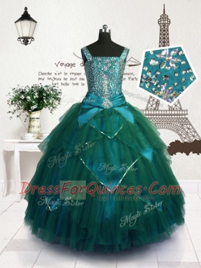 Modest Teal Lace Up Straps Beading and Belt Little Girls Pageant Dress Tulle Sleeveless