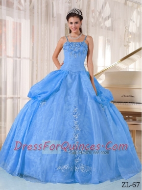 2014 Spaghetti  Straps Blue Ball Gown  Floor-length Taffeta and Organza Appliques Discount Quinceanera Dresses