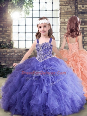 Customized Tulle Sleeveless Floor Length Little Girls Pageant Dress Wholesale and Beading and Ruffles