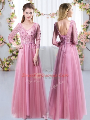 Dynamic Pink Quinceanera Court Dresses Wedding Party with Lace and Appliques V-neck 3 4 Length Sleeve Lace Up
