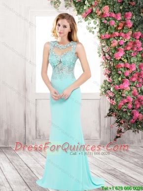 Elegant Column Scoop Brush Train Prom Dresses with Open Back