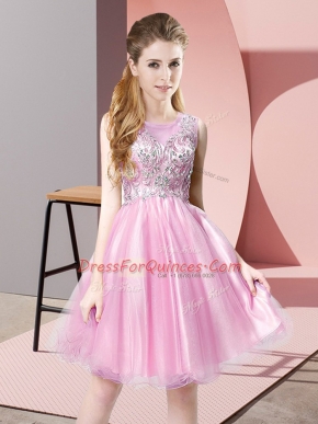 Rose Pink Tulle Zipper Prom Gown Sleeveless Knee Length Beading