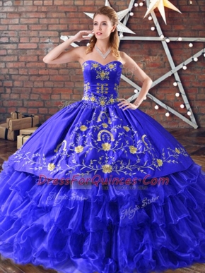 Modest Royal Blue Organza Lace Up Sweetheart Sleeveless Floor Length Quinceanera Dress Embroidery and Ruffled Layers