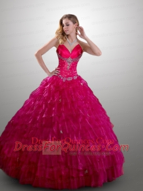 Exquisite Straps Ball Gown Ruffles and Beading Hot Pink  Quinceanera Dresses