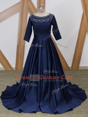 Great Navy Blue 3 4 Length Sleeve Beading Zipper