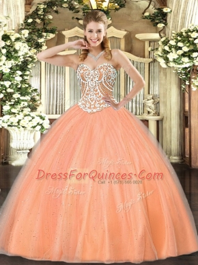 Customized Sleeveless Tulle Floor Length Lace Up Quinceanera Gown in Peach with Beading