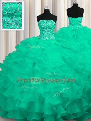 Turquoise Organza Lace Up Sweet 16 Dress Sleeveless Sweep Train Beading and Ruffles