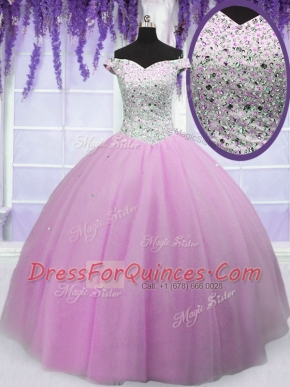 Dynamic Off the Shoulder Floor Length Ball Gowns Short Sleeves Lilac Sweet 16 Quinceanera Dress Lace Up