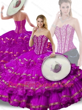 Gorgeous Beading and Ruffled Layers Fuchsia Detachable Sweet 16 Gowns