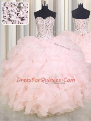 Organza Sweetheart Sleeveless Lace Up Beading and Ruffles Sweet 16 Dresses in Baby Pink