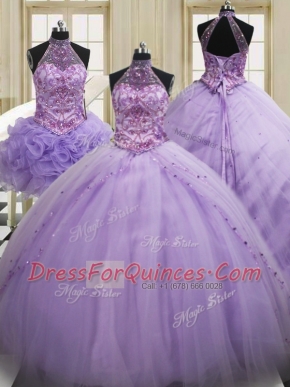 Low Price Three Piece Halter Top Lavender Ball Gowns Sequins Quinceanera Gowns Lace Up Tulle Sleeveless