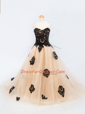 Peach Lace Up Spaghetti Straps Appliques Little Girl Pageant Gowns Tulle Sleeveless Brush Train