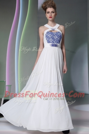 Super White Chiffon Zipper Halter Top Sleeveless Floor Length Prom Dress Beading and Embroidery