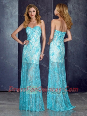 Short Inside Long Outside Beaded Baby Blue Dama Dress with in Lace