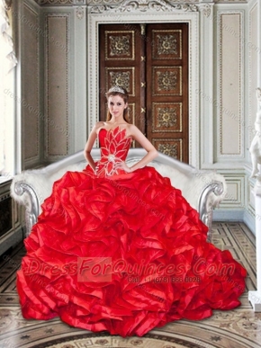 Beaded and Ruffled Red Sweet 16 Dress with Brush Train