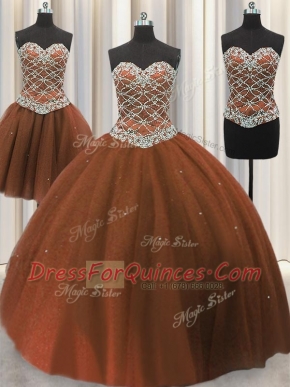 Inexpensive Three Piece Sleeveless Beading and Sequins Lace Up Quinceanera Gowns